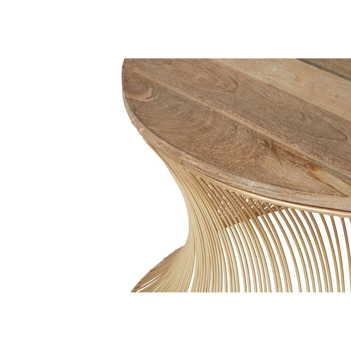 Round wooden table with natural wood grain top and curved rattan base, close-up view