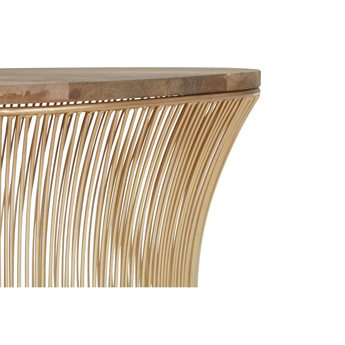 Round dining table with solid wood top and curved metal wire base in natural finish