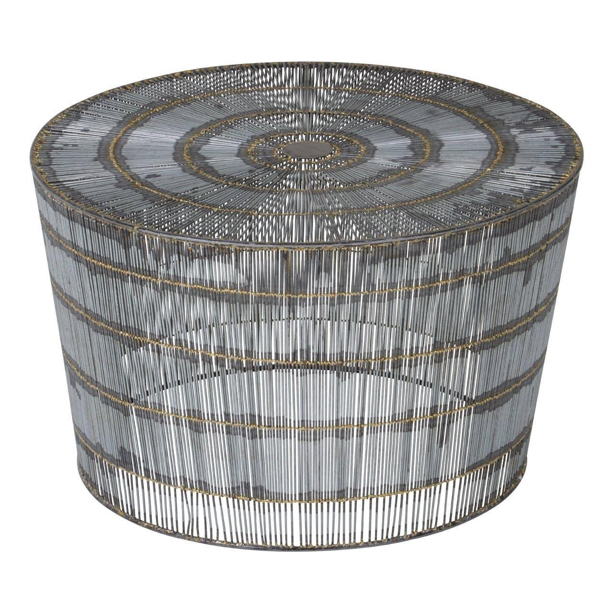 Round metal coffee table with wire frame design and circular pattern top