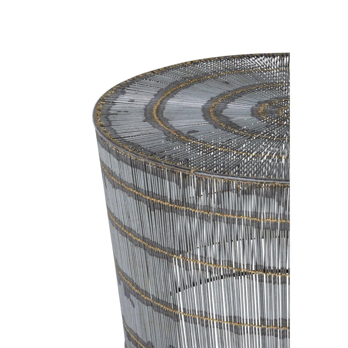 Round metal side table with vertical wire detailing and gold accent bands, close-up view