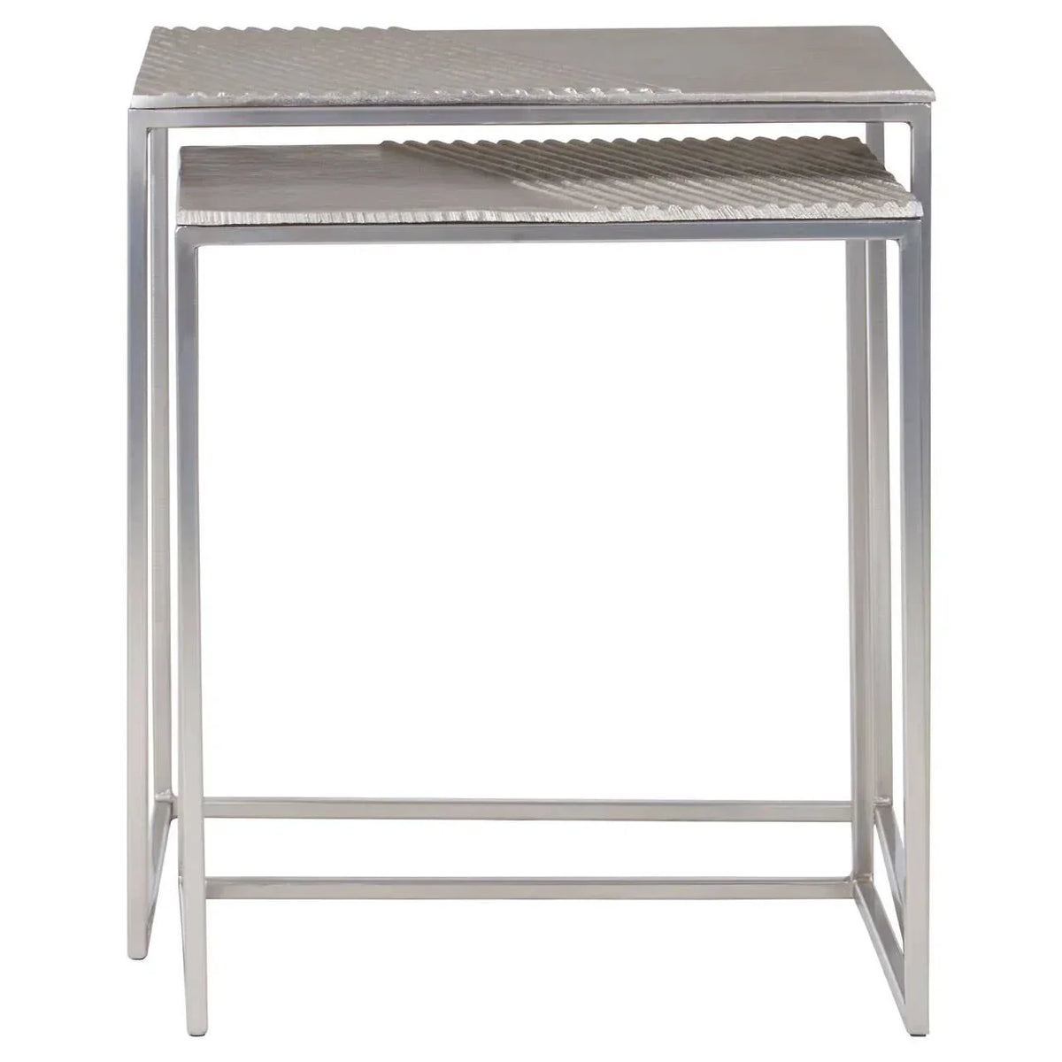 Silver metal nesting tables with textured rectangular tops and minimalist frame