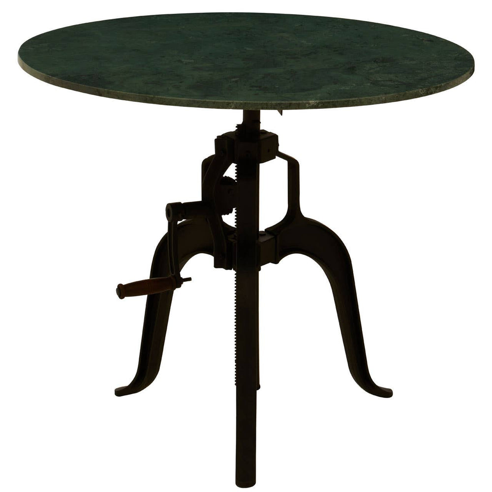 Small bar table featuring a round green marble top supported by a black metal base with a vintage design, including a crank mechanism for height adjustment and elegantly curved legs