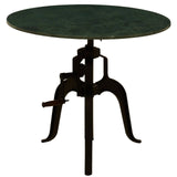 Small bar table featuring a round green marble top supported by a black metal base with a vintage design, including a crank mechanism for height adjustment and elegantly curved legs