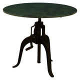 Small bar table featuring a round green marble top supported by a sturdy black metal base with a unique adjustable height mechanism and three curved legs