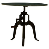 Small bar table featuring a round green marble top supported by a black metal base with a unique tripod design. The base has a vintage industrial look with curved legs and an adjustable height mechanism