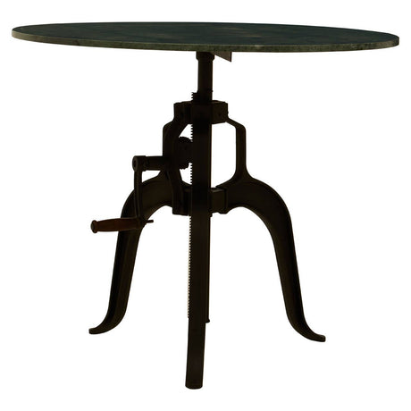 Small bar table featuring a round green marble top supported by a black metal base with a unique tripod design. The base has a vintage industrial look with curved legs and an adjustable height mechanism