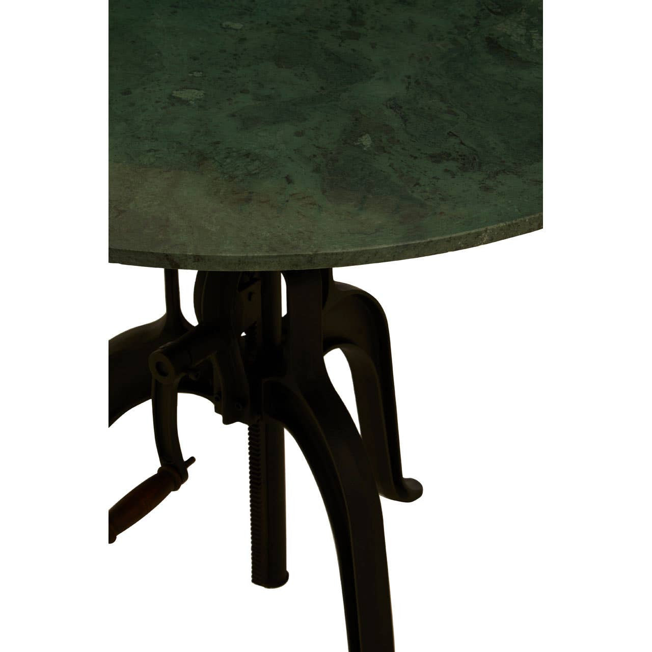 Small bar table featuring a round green marble top with a smooth surface, supported by a sturdy black metal base with a unique design. The table is compact, making it suitable for small spaces