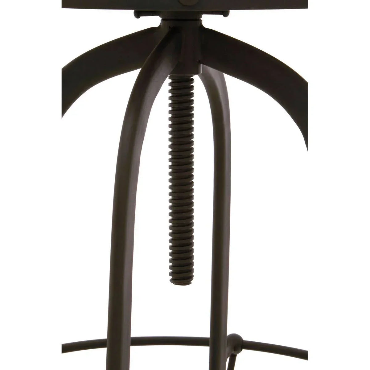 Closeup of metal stool base with screw height adjustment and curved legs