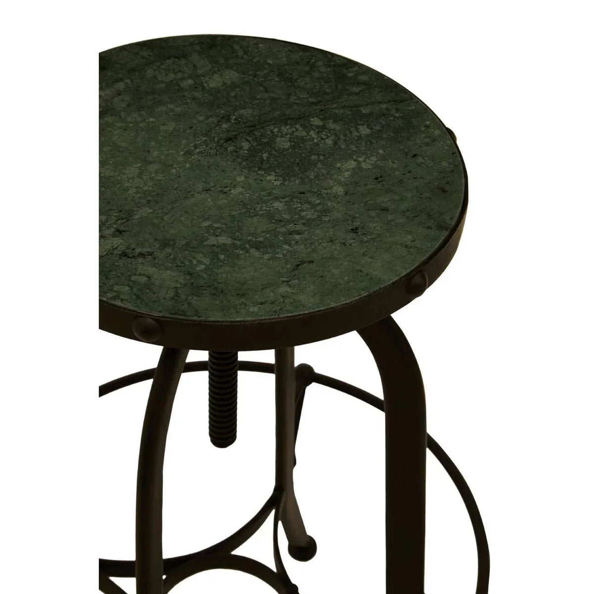 Green marble top bar stool with black metal frame and screw base detail