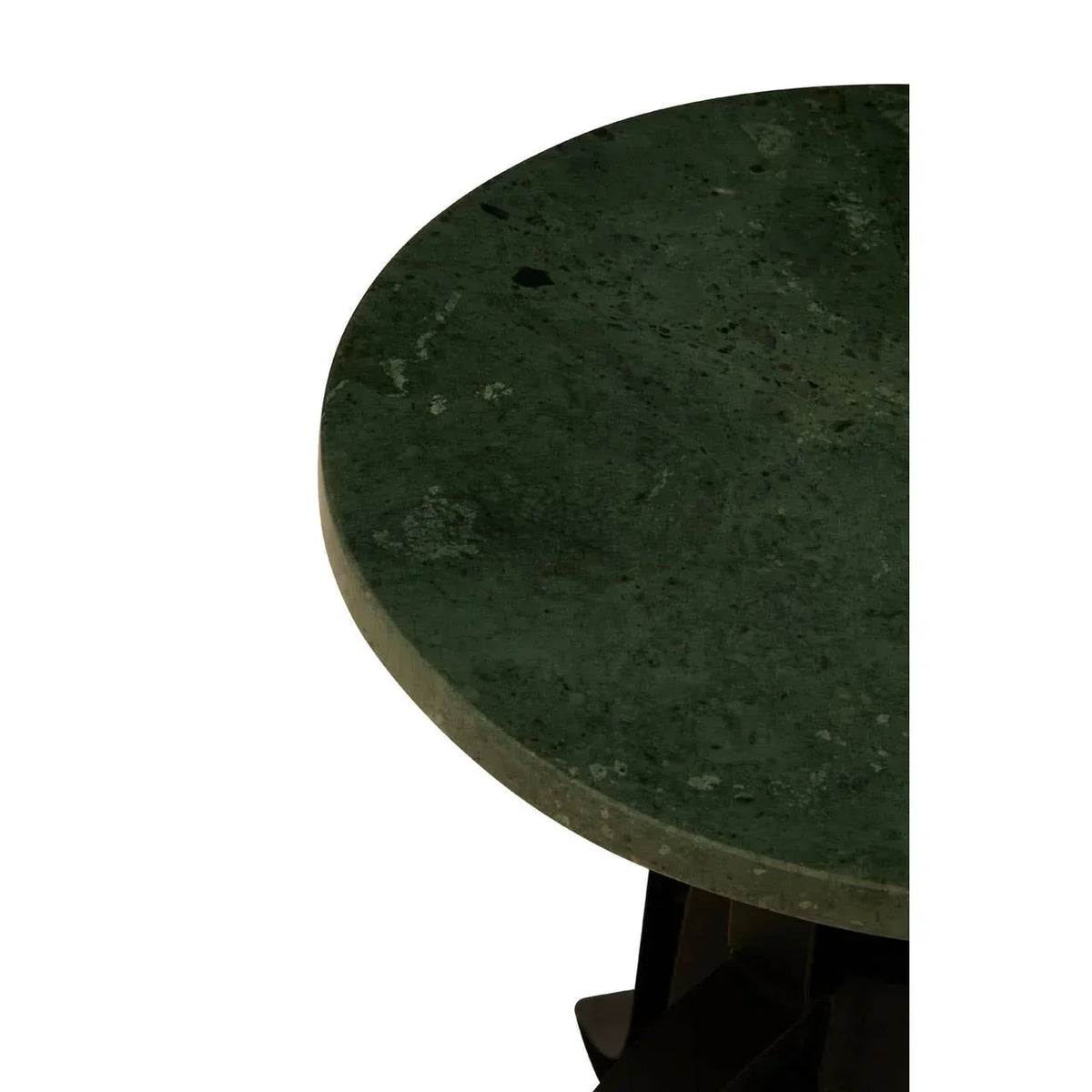 Green marble side table top with natural veining, black metal legs partially visible