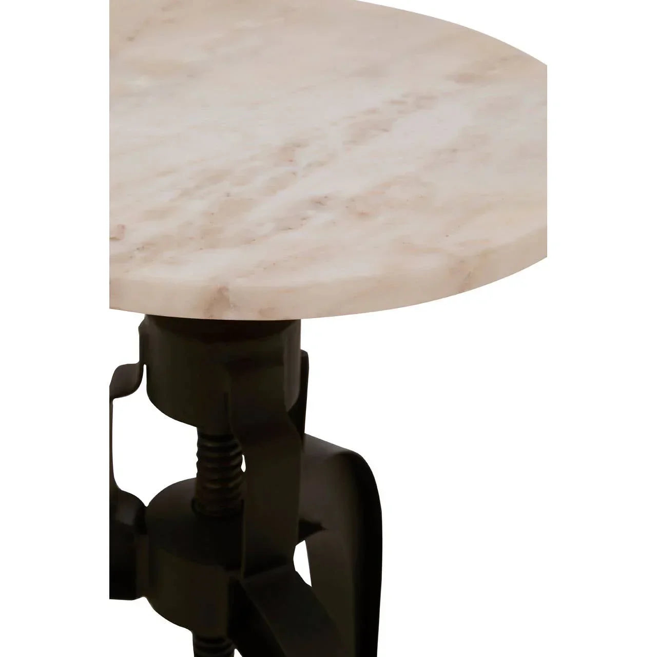 Round marble table top with black metal adjustable base close-up