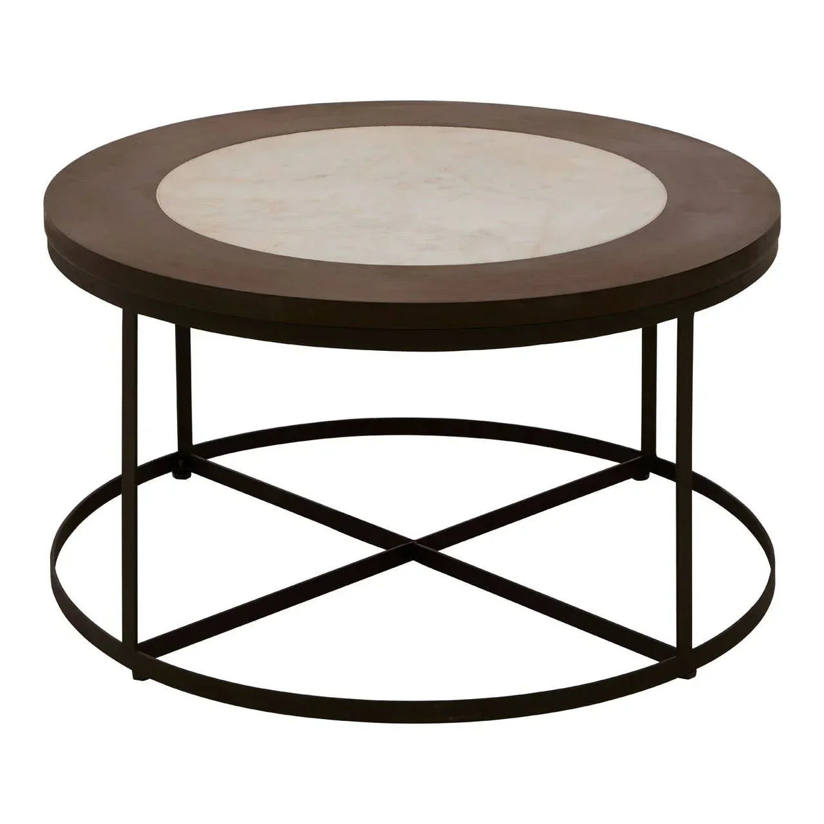 Round coffee table with metal frame and marble top, cross base support