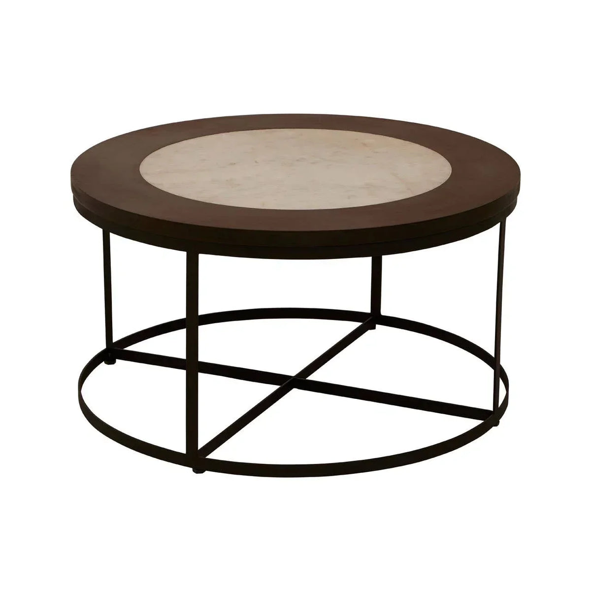 Round coffee table with brown metal frame and marble top
