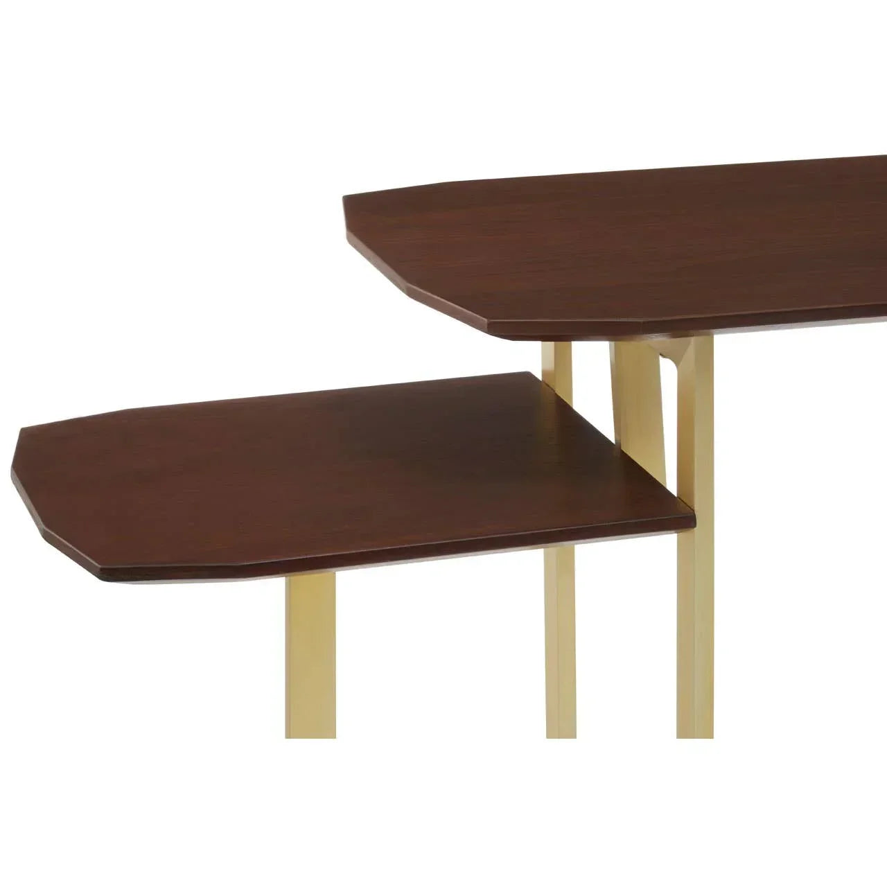 Set of two nesting coffee tables with dark wood tops and gold metal legs