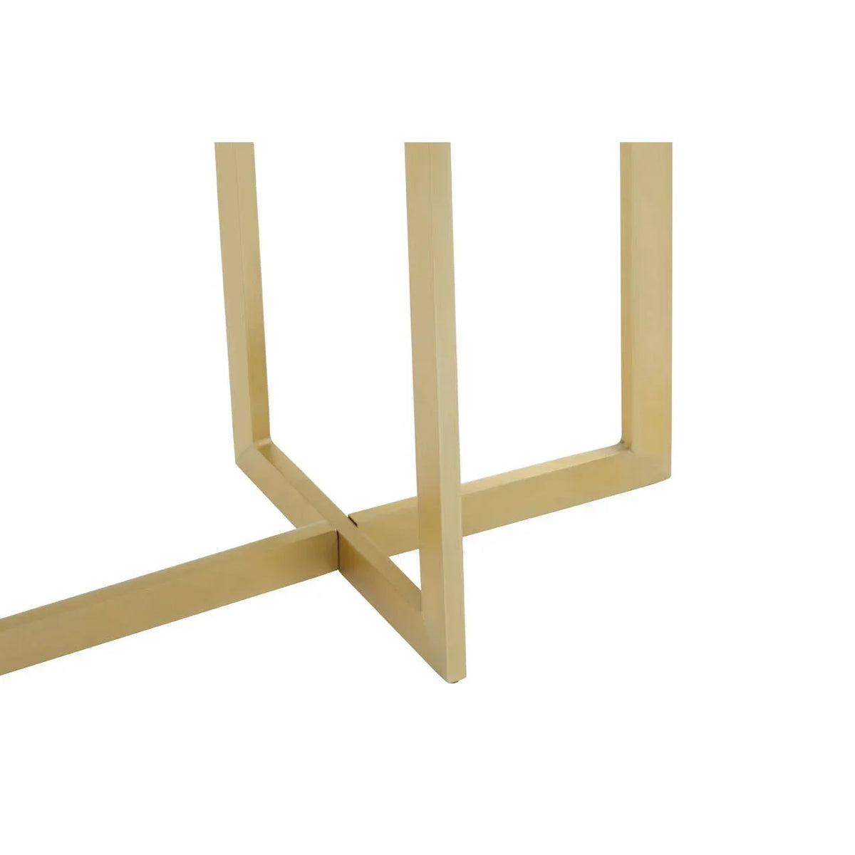 Gold metal table legs with crossbar support detail on white background