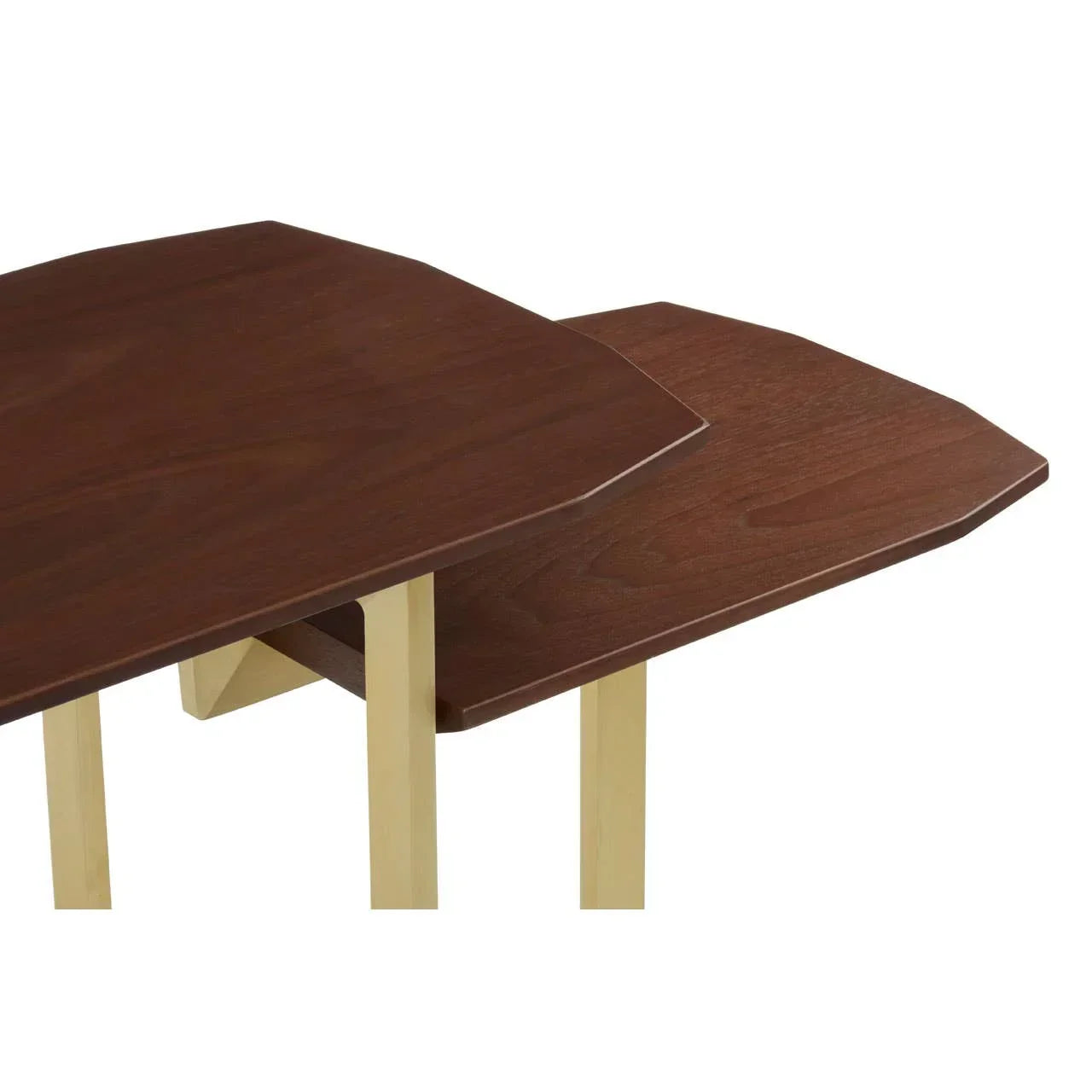 Set of two wooden nesting tables with brown tops and light wood legs