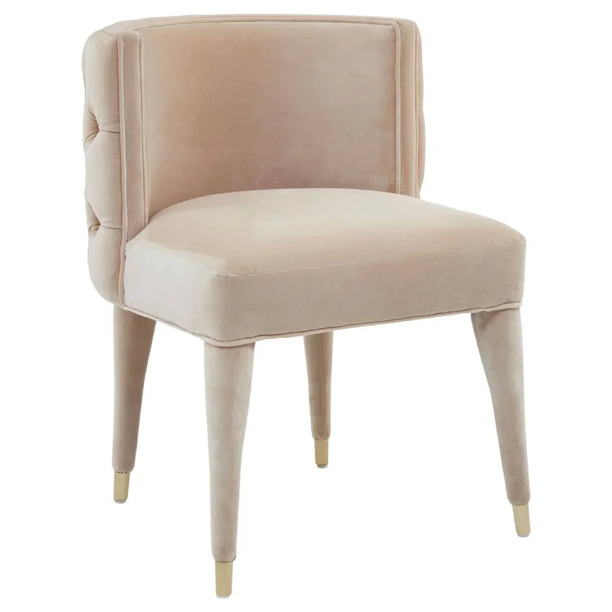 Blush velvet accent chair with tufted back and gold-tipped legs