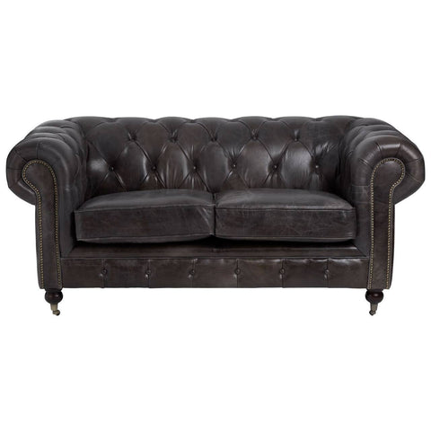 Dark grey brown leather Chesterfield 2 seat sofa featuring a tufted backrest, rolled arms, and wooden legs. The sofa has a classic design with a polished finish, suitable for a stylish living room setting