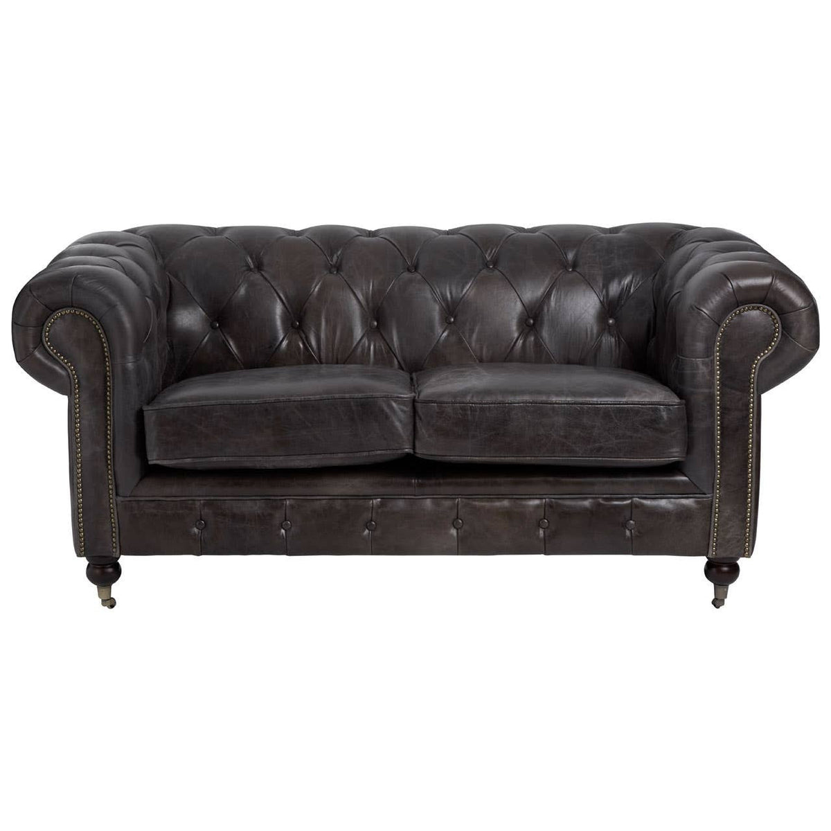 Dark grey brown leather Chesterfield 2 seat sofa featuring a tufted backrest, rolled arms, and wooden legs. The sofa has a classic design with a polished finish, suitable for a stylish living room setting