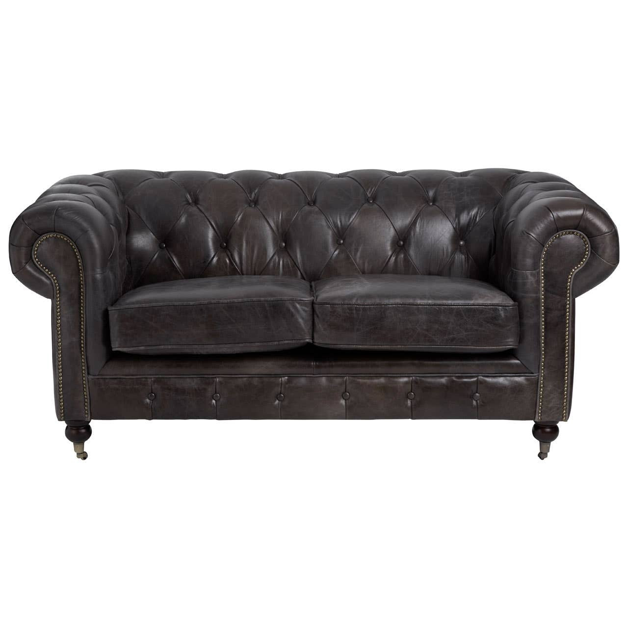 Dark grey brown leather Chesterfield 2 seat sofa featuring a tufted backrest, rolled arms, and wooden legs. The sofa has a classic design with a polished finish, suitable for a stylish living room setting