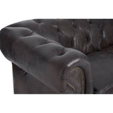Dark grey brown leather Chesterfield 2 seat sofa featuring a tufted design on the backrest and armrests, with a rounded arm and a sleek, modern silhouette. The leather has a slightly distressed finish, adding character to the piece