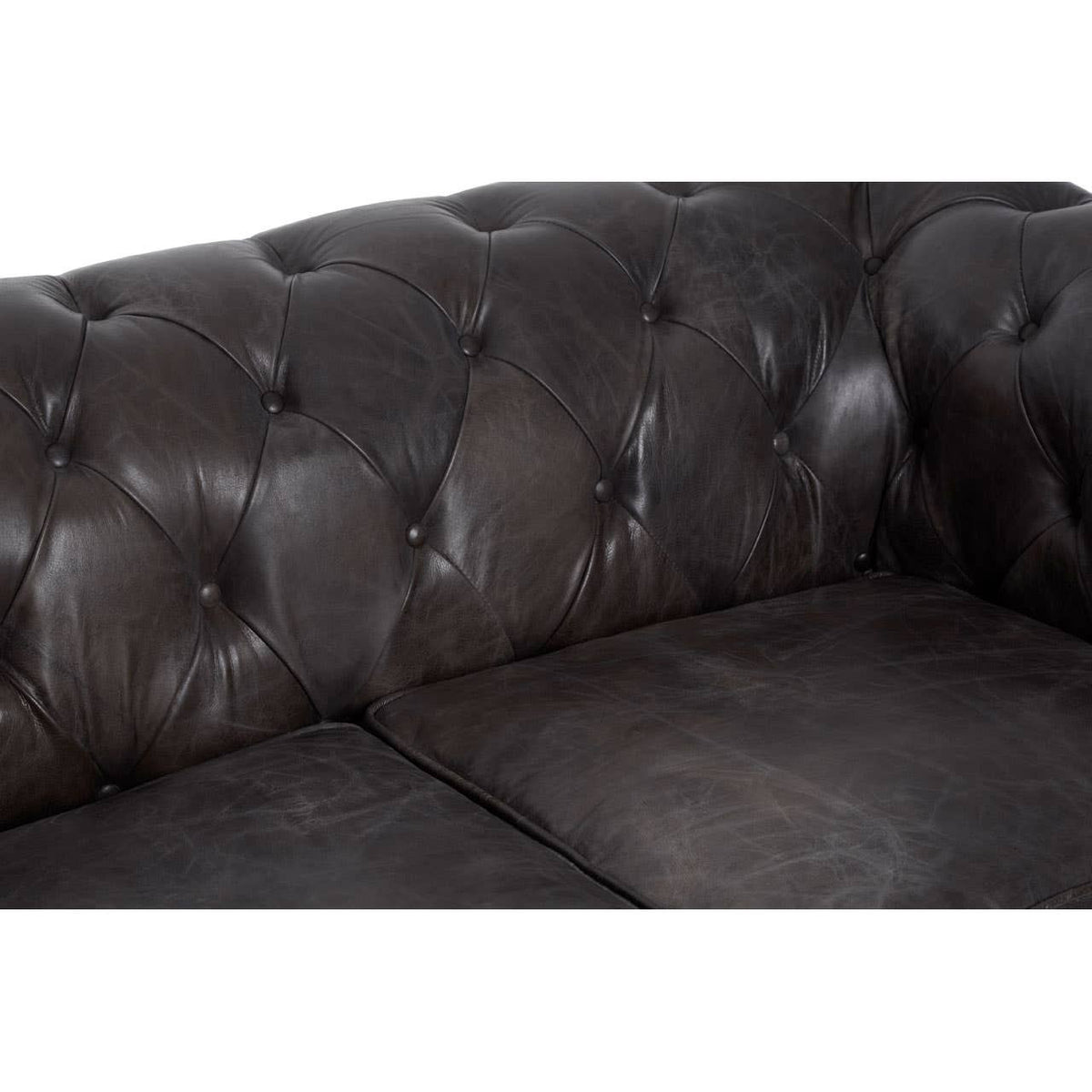 Dark grey brown leather Chesterfield 2 seat sofa featuring a tufted backrest and seat cushions, showcasing a classic design with elegant stitching and a smooth finish