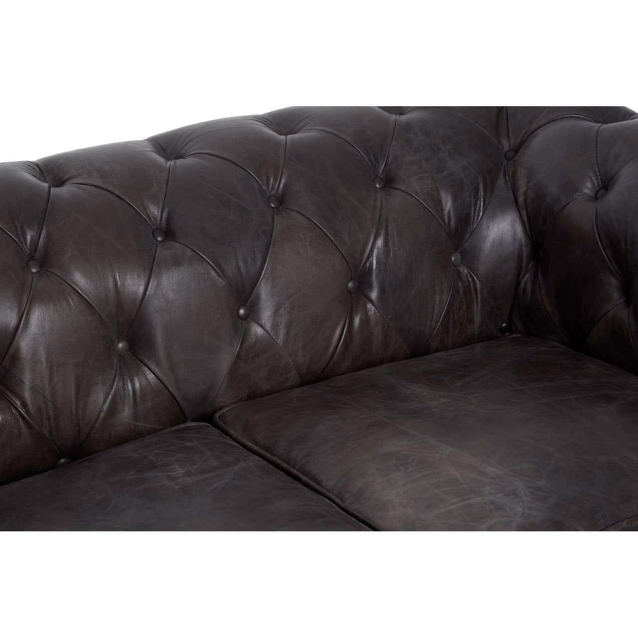 Dark grey brown leather Chesterfield 2 seat sofa featuring a tufted backrest and seat cushions, showcasing a classic design with elegant stitching and a smooth finish