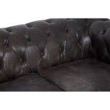Dark grey brown leather Chesterfield 2 seat sofa featuring a tufted backrest and seat cushions, showcasing a classic design with elegant stitching and a smooth finish