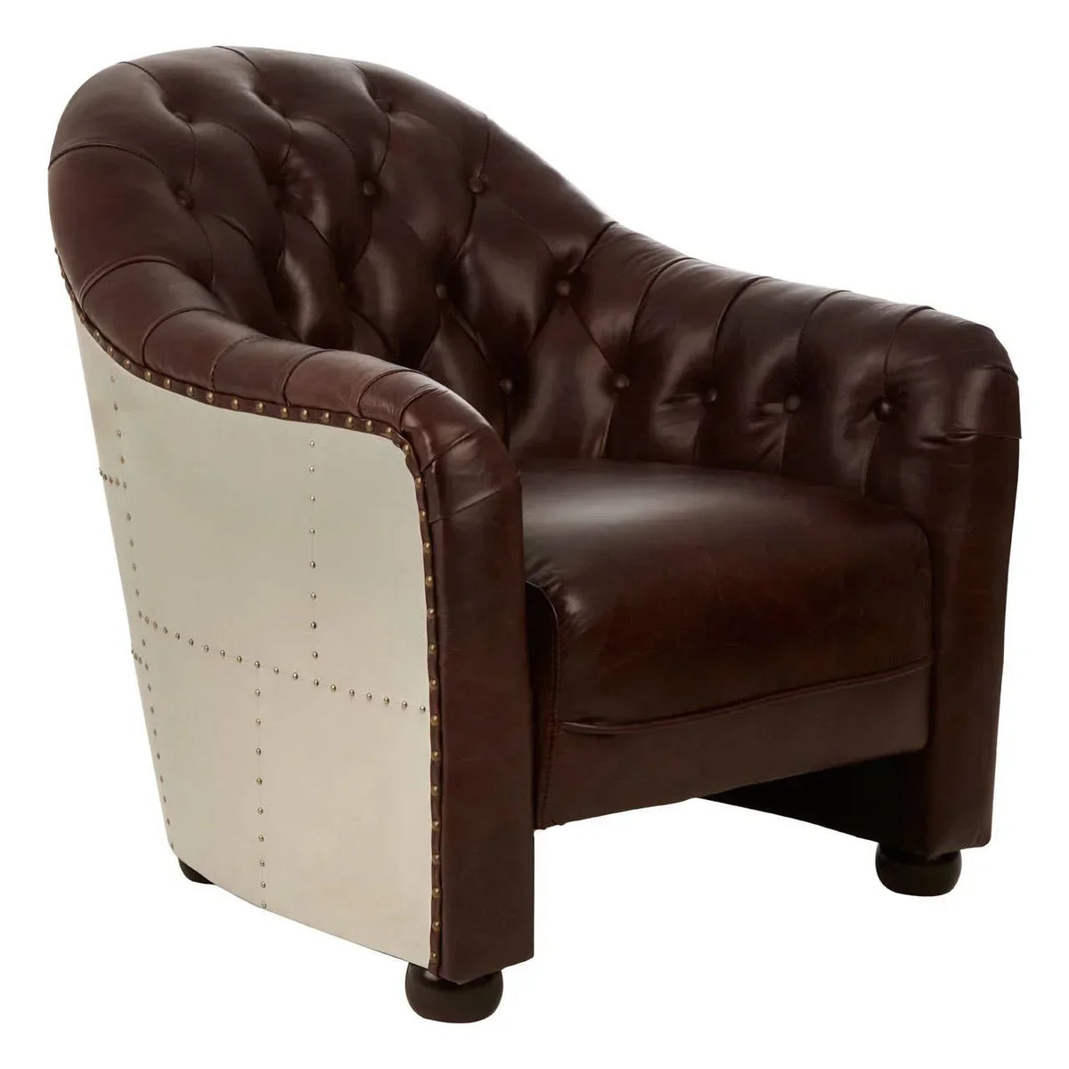Brown leather armchair with metal rivet side panels and deep button tufted backrest
