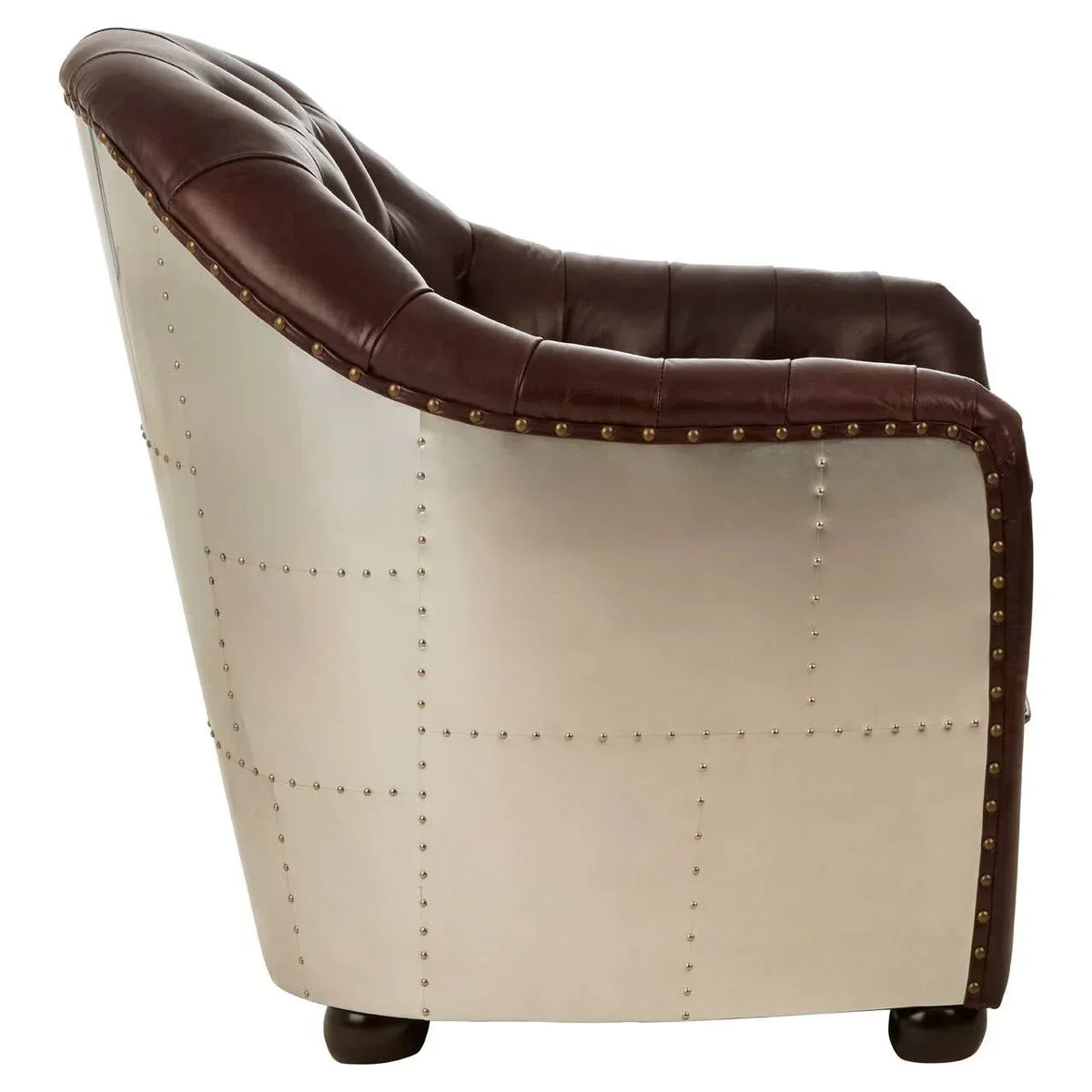 Brown leather aviator armchair with metal sides and stud detailing, side view