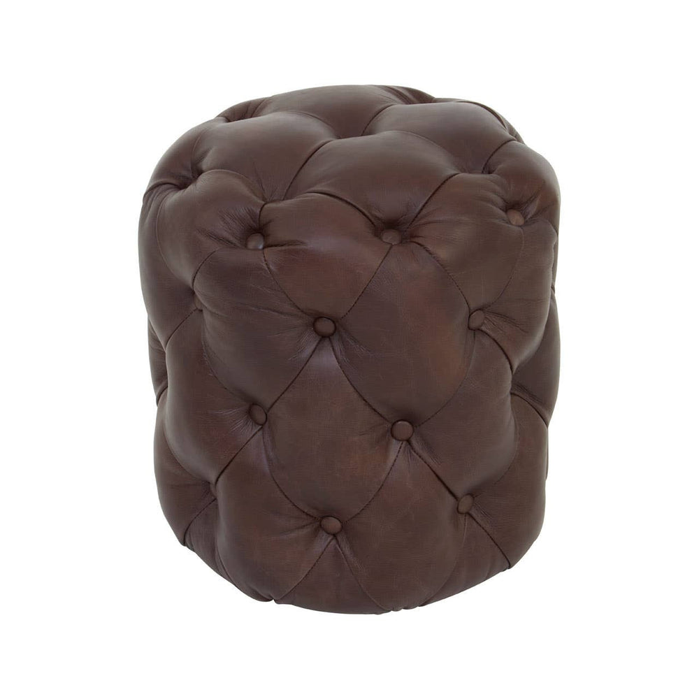 Round stool upholstered in rich brown leather with a button-tufted design, featuring a soft, cushioned surface and a smooth finish