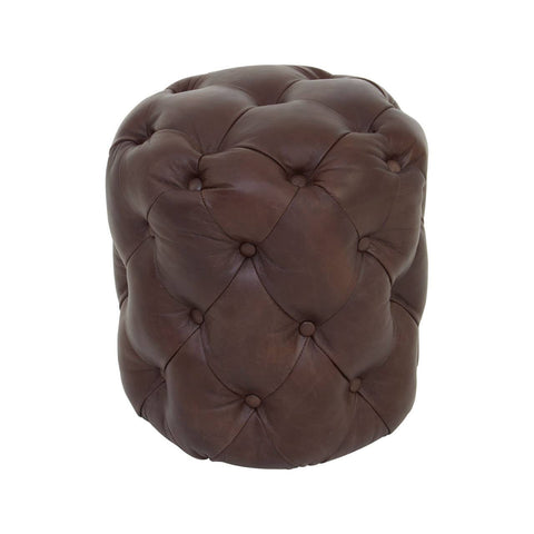 Round stool upholstered in rich brown leather with a button-tufted design, featuring a soft, cushioned surface and a smooth finish