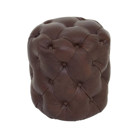 Round stool upholstered in rich brown leather with a button-tufted design, featuring a soft, cushioned surface and a smooth finish