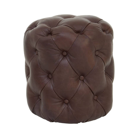 Brown leather stool featuring a button-tufted design with a rounded shape and a soft, textured surface. The stool has a rich, dark brown color and is accented with visible stitching and buttons, providing a classic and elegant look suitable for various home decor styles