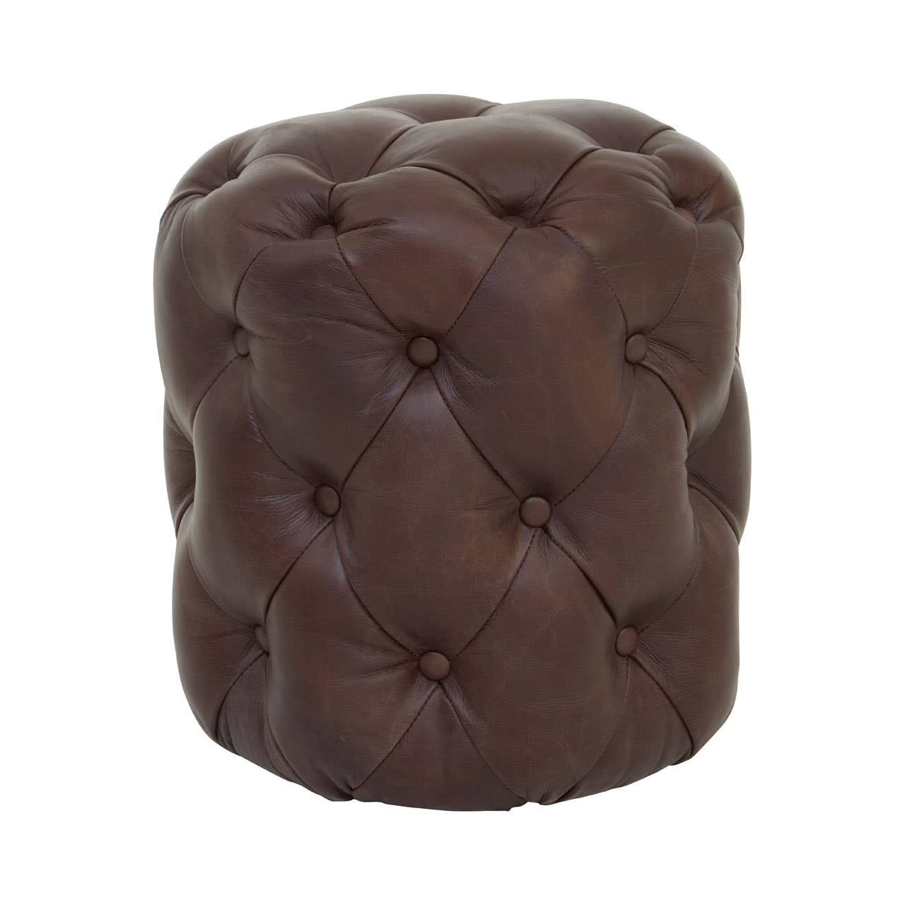 Brown leather stool featuring a button-tufted design with a rounded shape and a soft, textured surface. The stool has a rich, dark brown color and is accented with visible stitching and buttons, providing a classic and elegant look suitable for various home decor styles