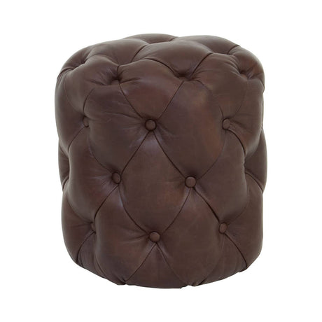 Brown leather stool featuring a button-tufted design with a rounded shape and a soft, textured surface. The stool has a rich, dark brown color and is accented with visible stitching and buttons, providing a classic and elegant look suitable for various home decor styles