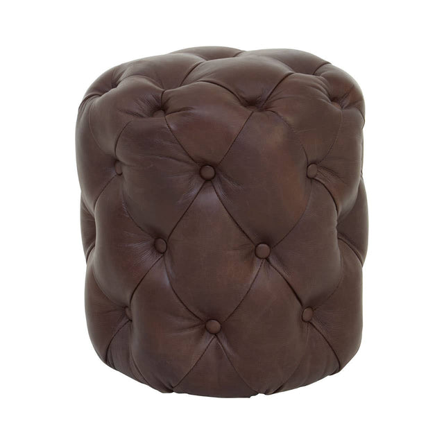 Brown leather stool featuring a button-tufted design with a rounded shape and a soft, textured surface. The stool has a rich, dark brown color and is accented with visible stitching and buttons, providing a classic and elegant look suitable for various home decor styles