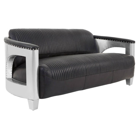 Three-seat sofa upholstered in black leather with sleek silver armrests and a modern design. The sofa features a low profile and clean lines, making it suitable for contemporary living spaces