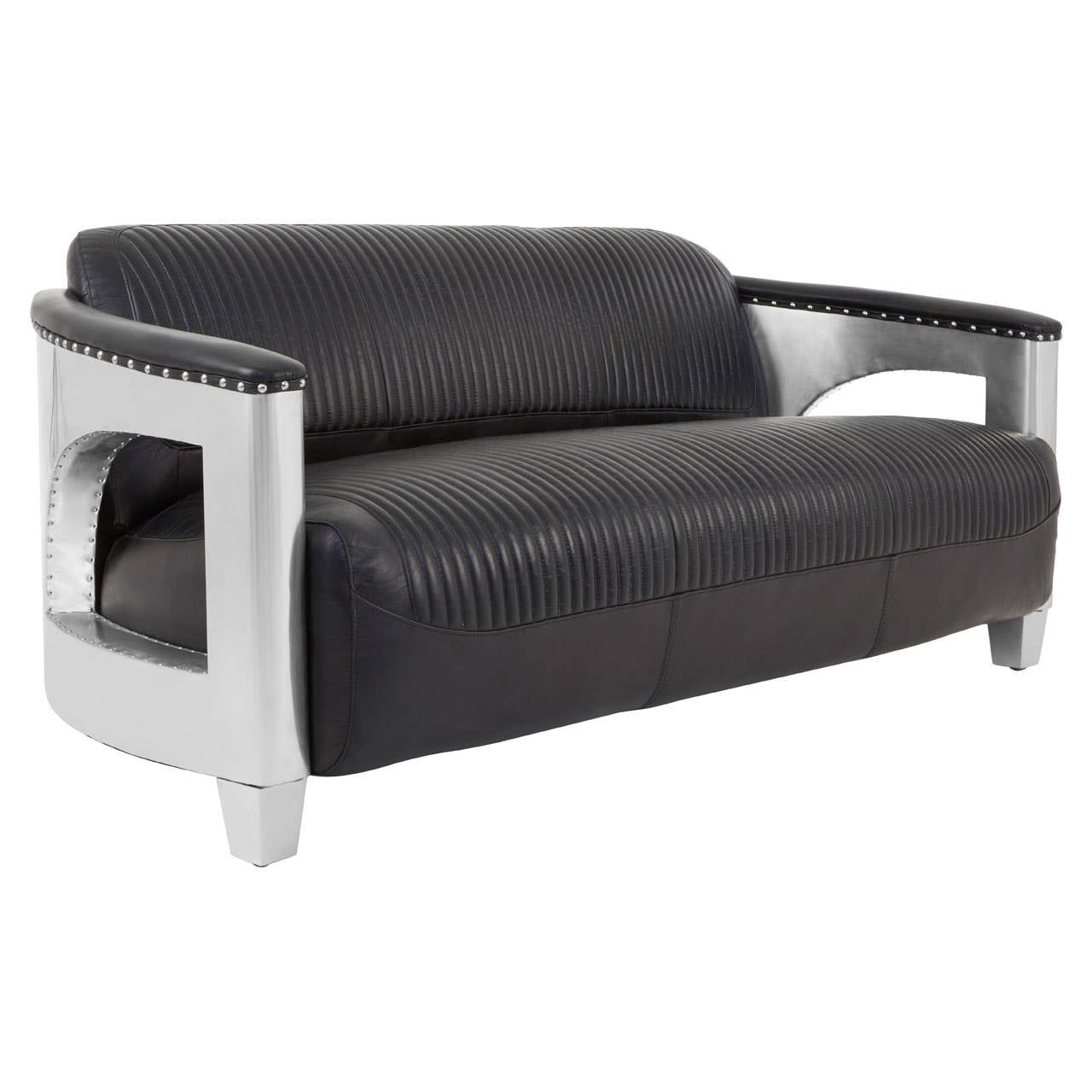 Three-seat sofa upholstered in black leather with sleek silver armrests and a modern design. The sofa features a low profile and clean lines, making it suitable for contemporary living spaces