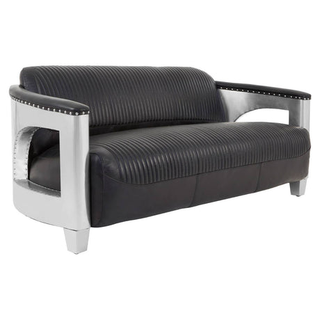 Three-seat sofa upholstered in black leather with sleek silver armrests and a modern design. The sofa features a low profile and clean lines, making it suitable for contemporary living spaces
