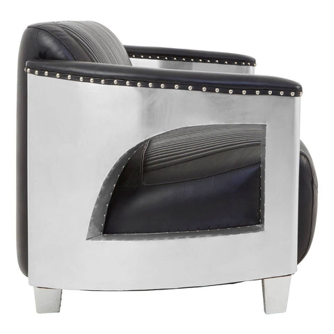 Black leather sofa with three seats, featuring a sleek design and silver legs. The sofa has a smooth finish and is accented with decorative stitching along the edges