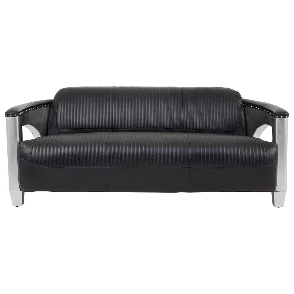 Three-seat sofa upholstered in black leather with a sleek design, featuring padded backrest and armrests, supported by silver metal legs