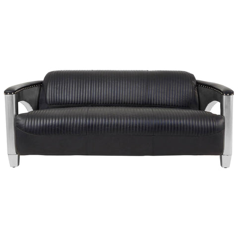 Three-seat sofa upholstered in black leather with a sleek design, featuring padded backrest and armrests, supported by silver metal legs