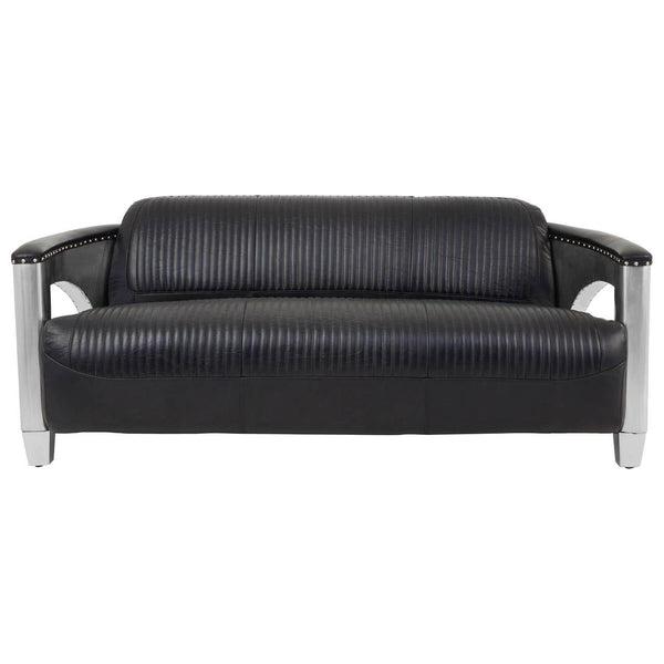 Three-seat sofa upholstered in black leather with a sleek design, featuring padded backrest and armrests, supported by silver metal legs