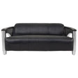 Three-seat sofa upholstered in black leather with a sleek design, featuring padded backrest and armrests, supported by silver metal legs