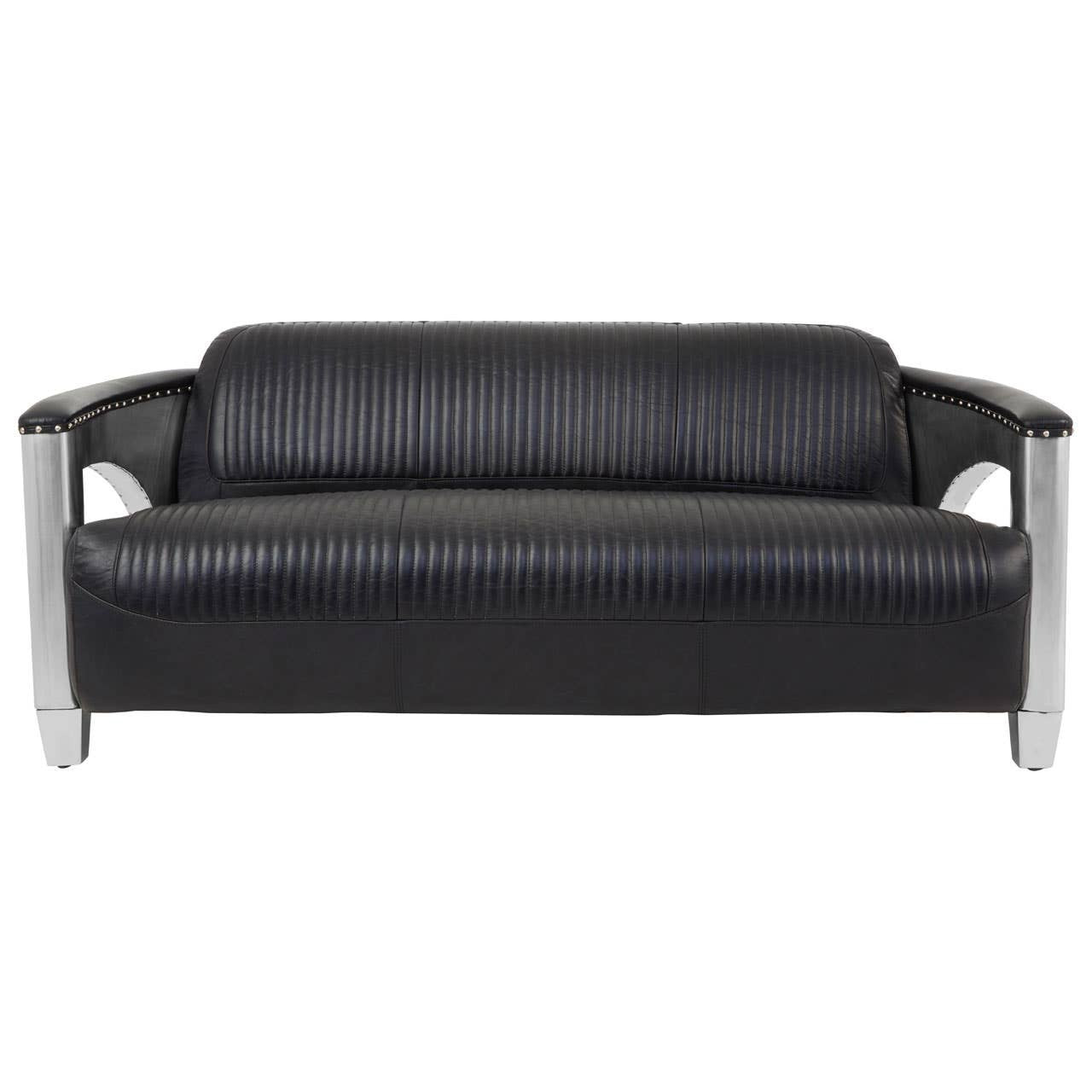Three-seat sofa upholstered in black leather with a sleek design, featuring padded backrest and armrests, supported by silver metal legs