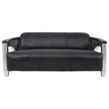 Three-seat sofa upholstered in black leather with a sleek design, featuring padded backrest and armrests, supported by silver metal legs