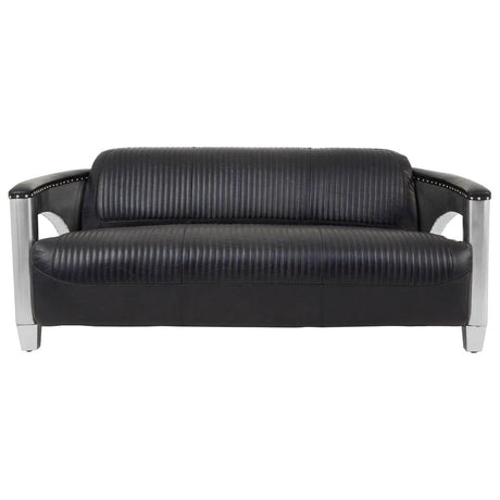Three-seat sofa upholstered in black leather with a sleek design, featuring padded backrest and armrests, supported by silver metal legs