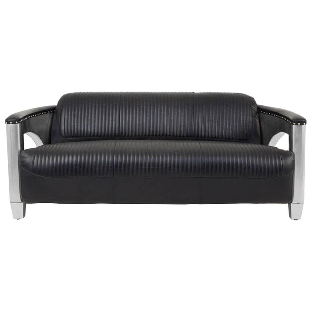 Three-seat sofa upholstered in black leather with a sleek design, featuring padded backrest and armrests, supported by silver metal legs