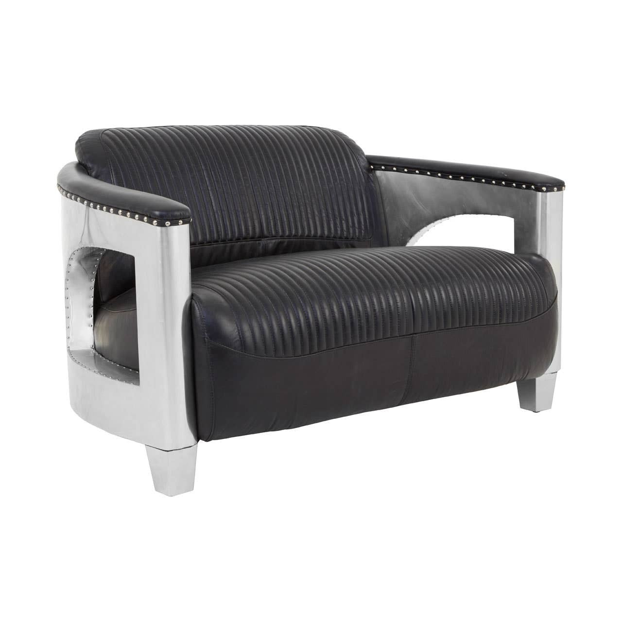 Black leather two-seat sofa featuring sleek silver armrests and a modern design. The sofa has a low back and plush seating, with a streamlined silhouette that complements contemporary decor